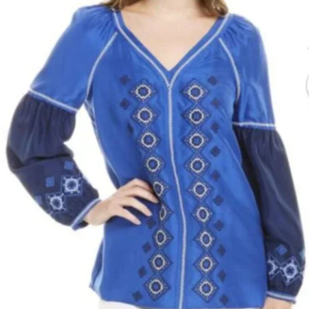 Tory Burch Katya Silk Embroidered Tunic Peasant Blouse Size 14